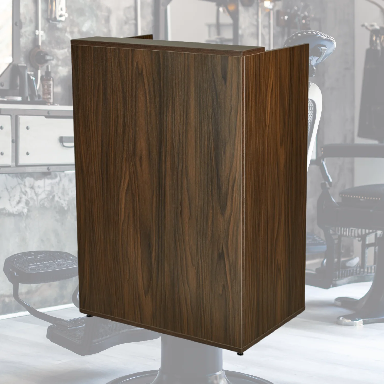 Comptoir d’accueil de salon de coiffure en bois et métal noir