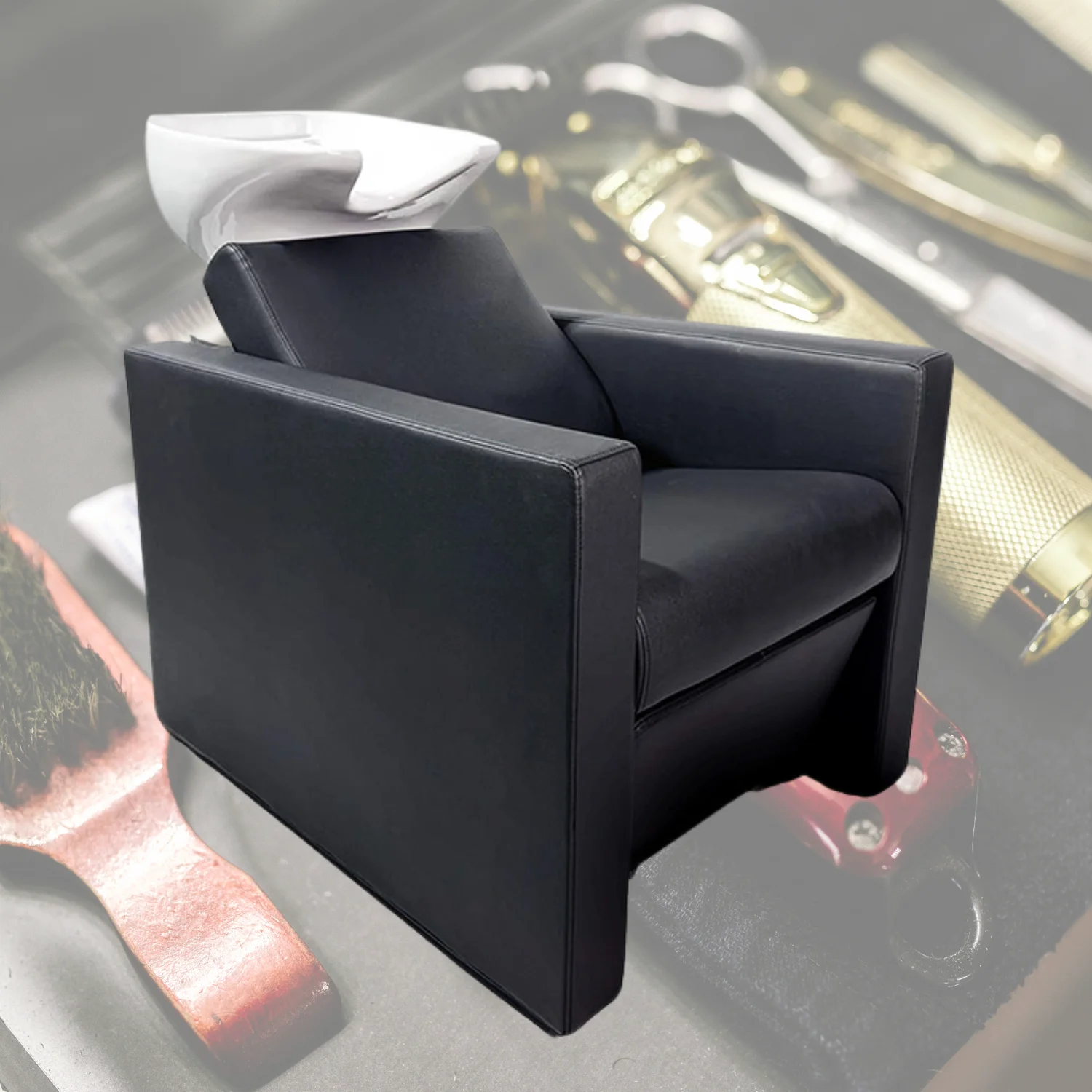 Bac à shampooing de salon avec cuve céramique et fauteuil intégré