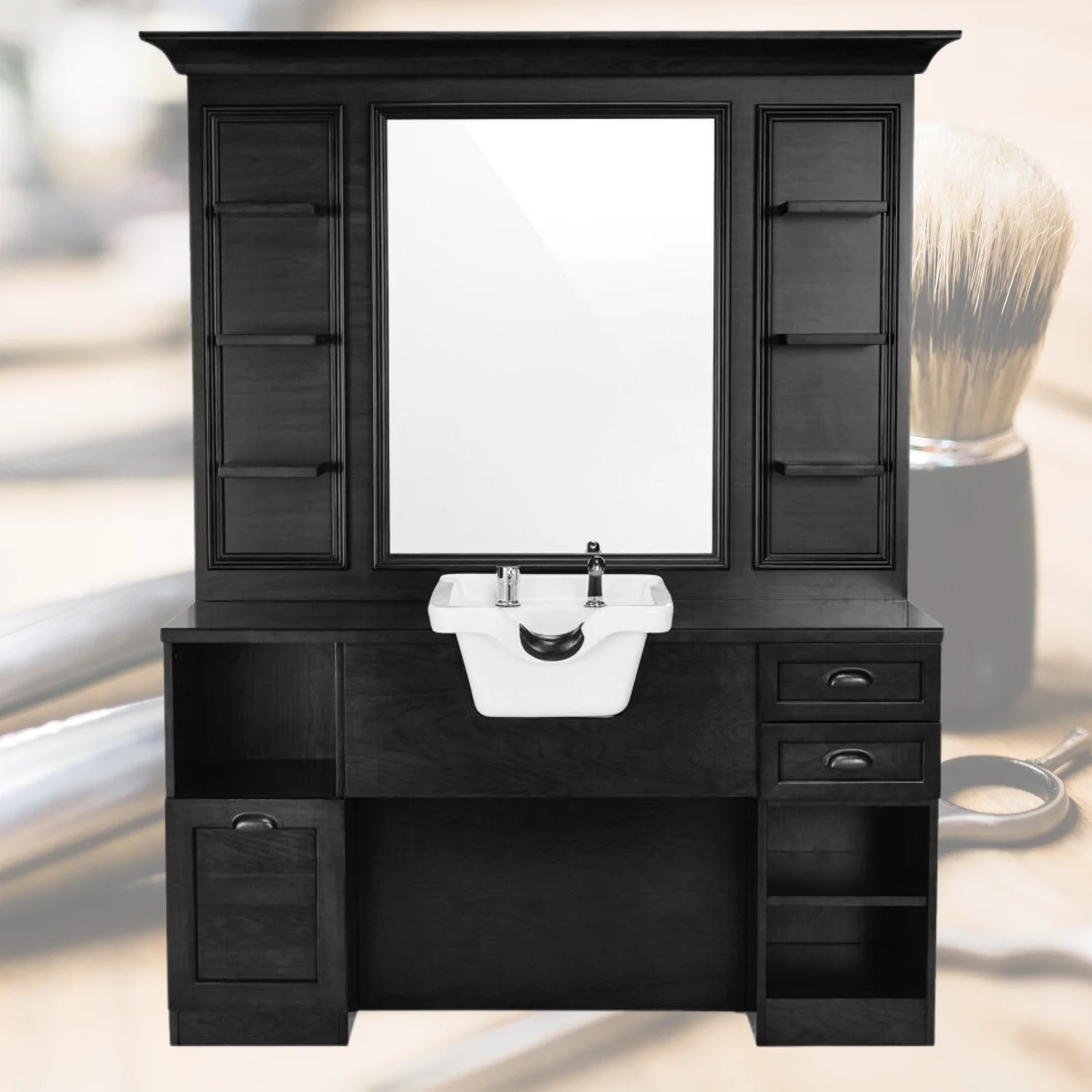 Coiffeuse de salon avec miroir et plan de travail à tiroirs