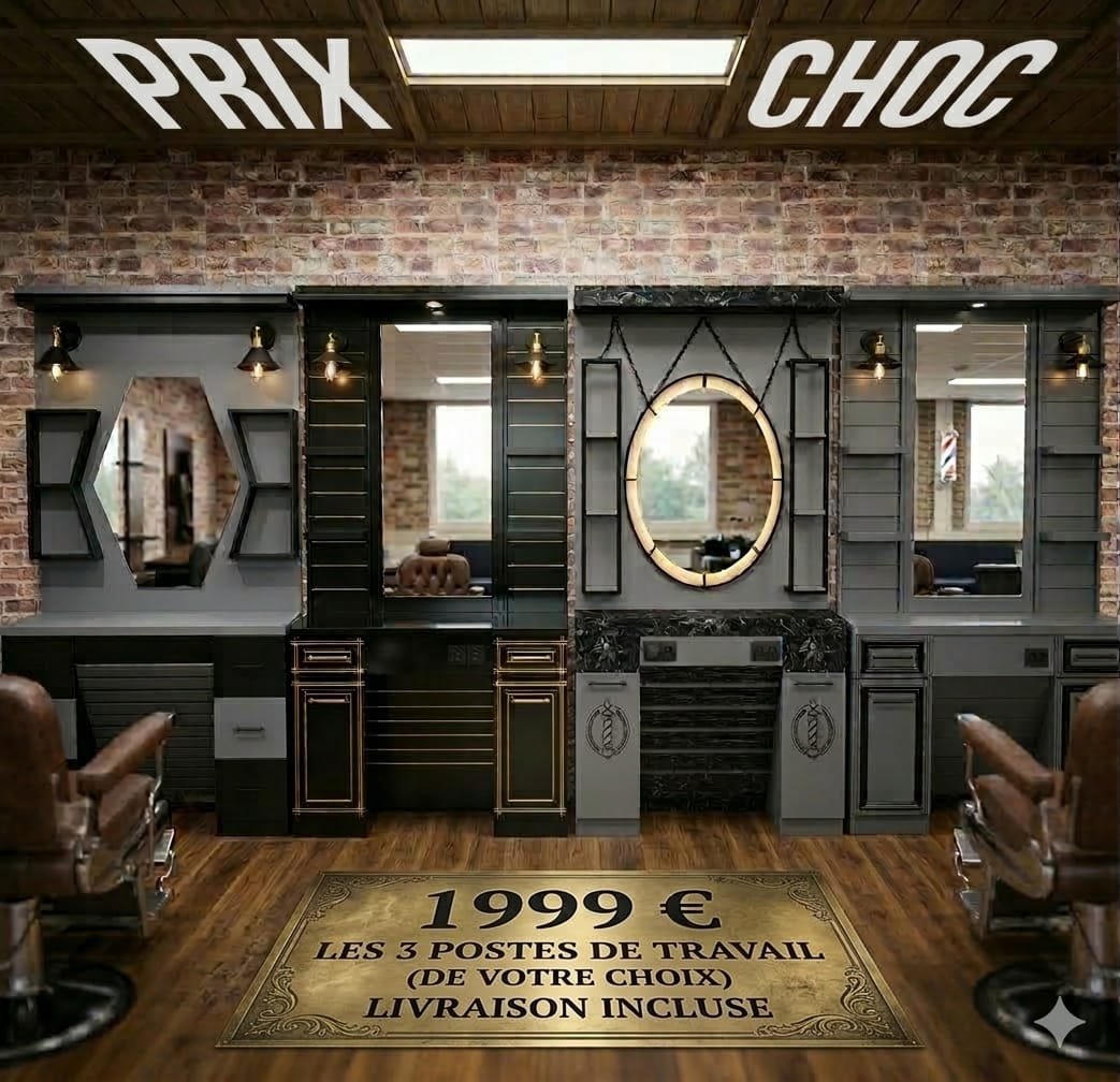 Trois postes de travail barbier avec miroirs et rangements devant un mur en briques, offre à 1999 € les trois postes, livraison incluse