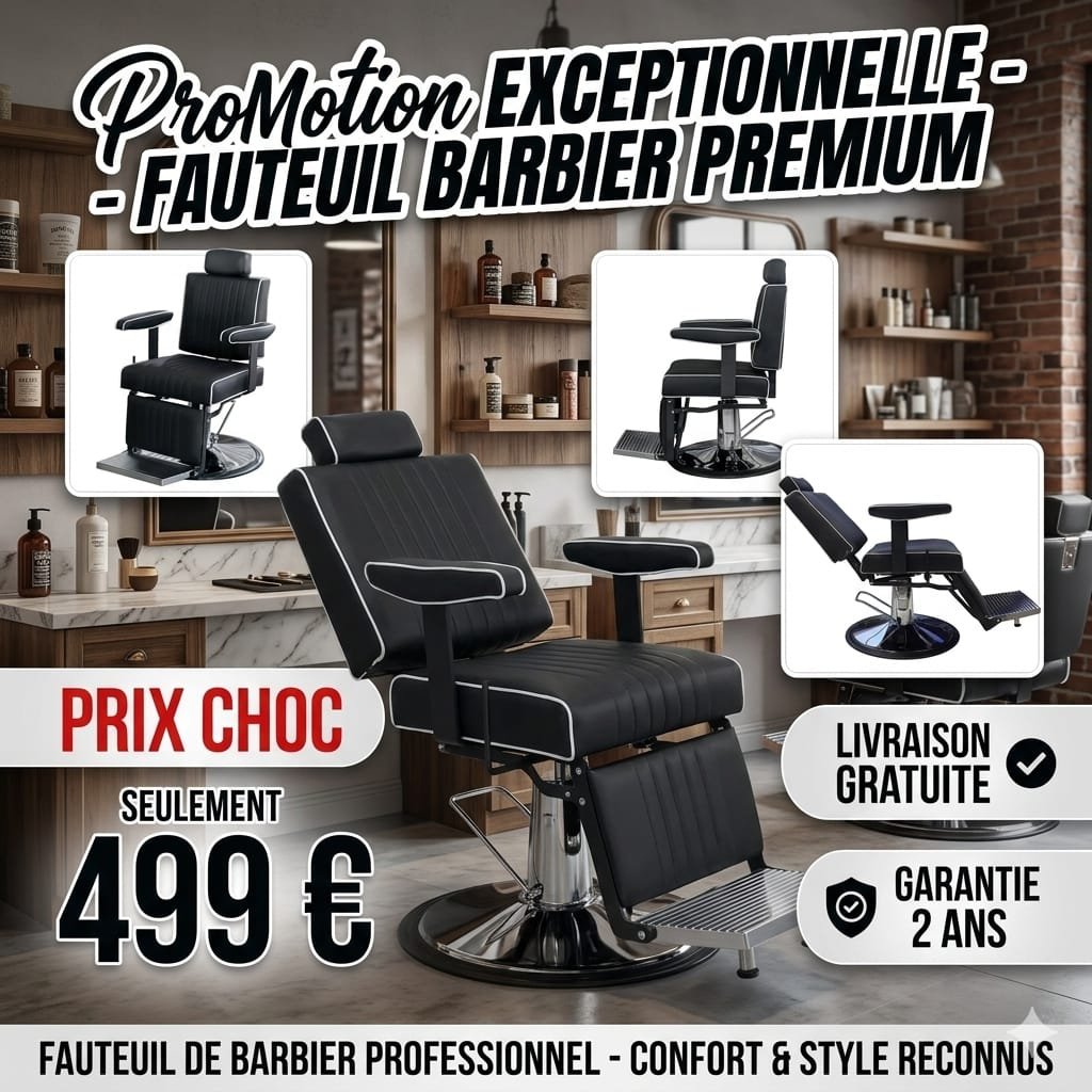 Fauteuil de barbier noir à surpiqûres blanches, vu sous trois angles, en promotion à 499 €