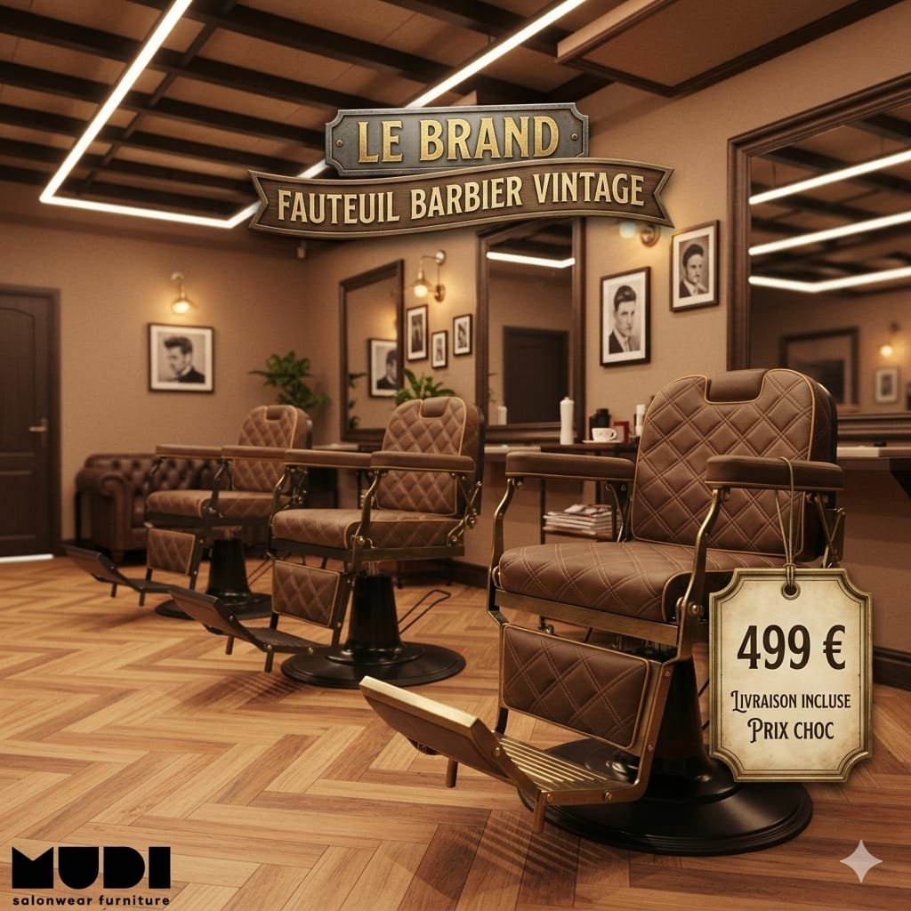 Fauteuils de barbier vintage en similicuir marron capitonné, alignés dans un salon, à 499 € livraison incluse
