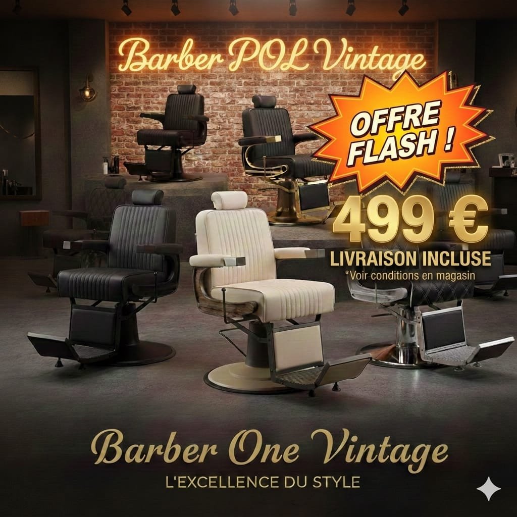 Fauteuils de barbier vintage noir, blanc et chromé dans un salon sombre, offre flash à 499 € livraison incluse