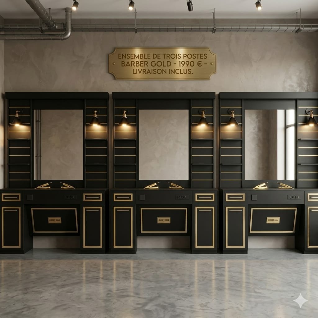 Ensemble de trois postes de coiffage noir et doré avec miroirs et appliques, à 1990 € livraison incluse