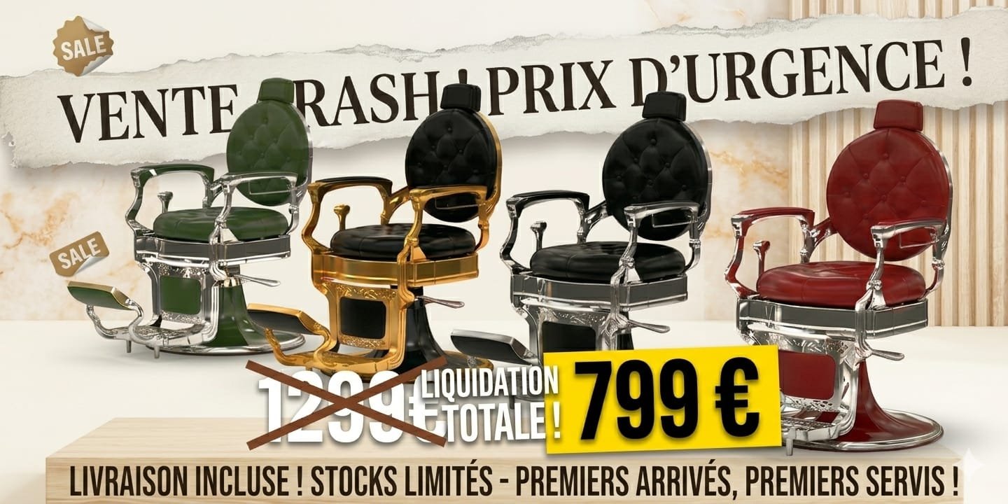 Vente flash sur quatre fauteuils de barbier à dossier rond, vert, or, noir et rouge, de 1299 € à 799 €, livraison incluse