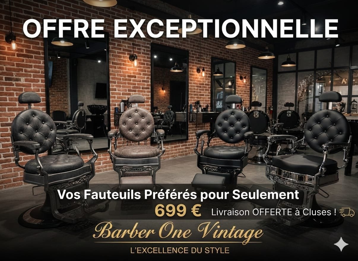 Offre exceptionnelle sur les fauteuils Barber One Vintage : quatre fauteuils de barbier capitonnés dans un salon en briques, à 699 €