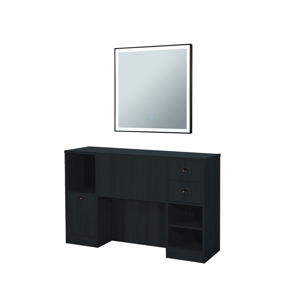 Coiffeuse de salon noire avec miroir LED carré, tiroirs et niches de rangement