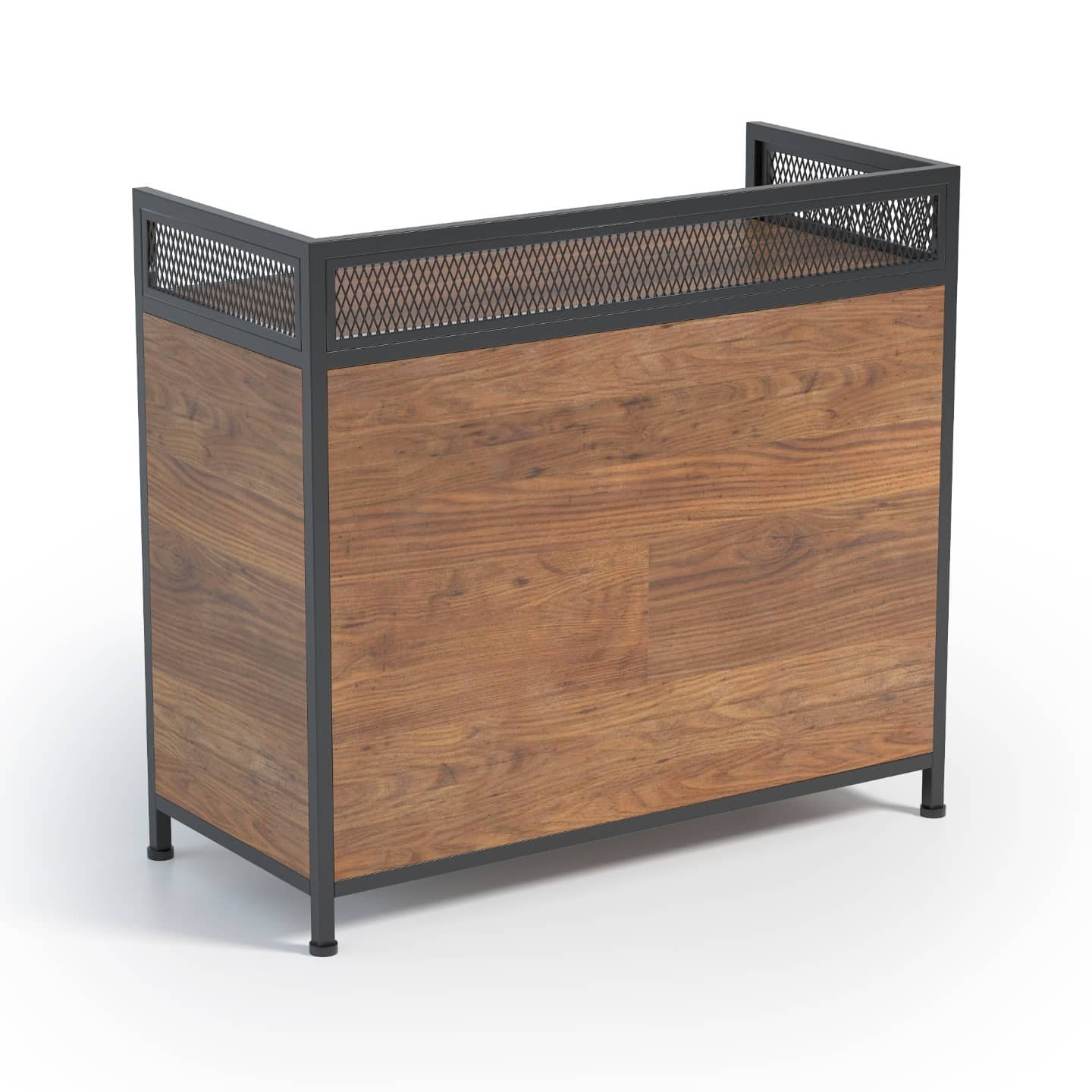 Comptoir d’accueil de salon en bois et métal noir, bandeau grillagé