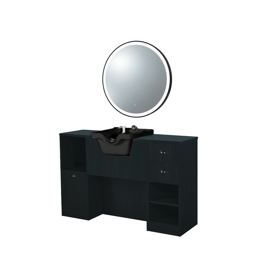 Meuble vasque de coiffure noir avec miroir LED rond et cuve noire