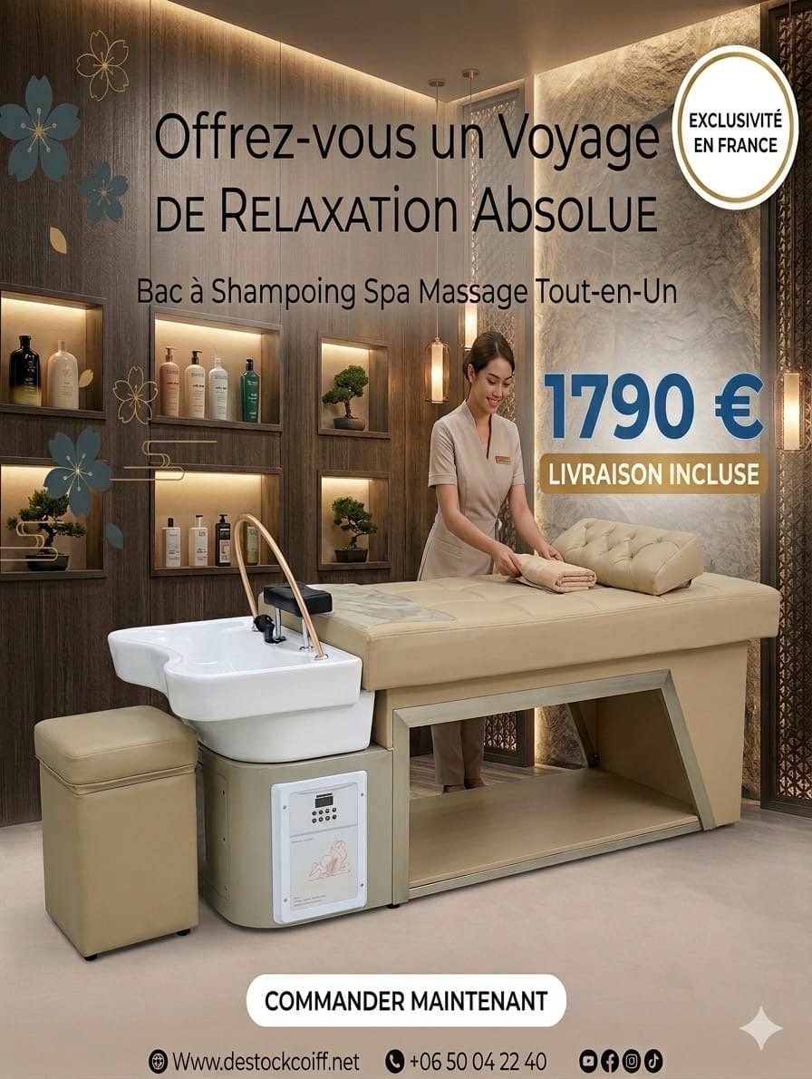 Bac à shampoing spa beige avec lit de massage, vasque céramique et tabouret assorti