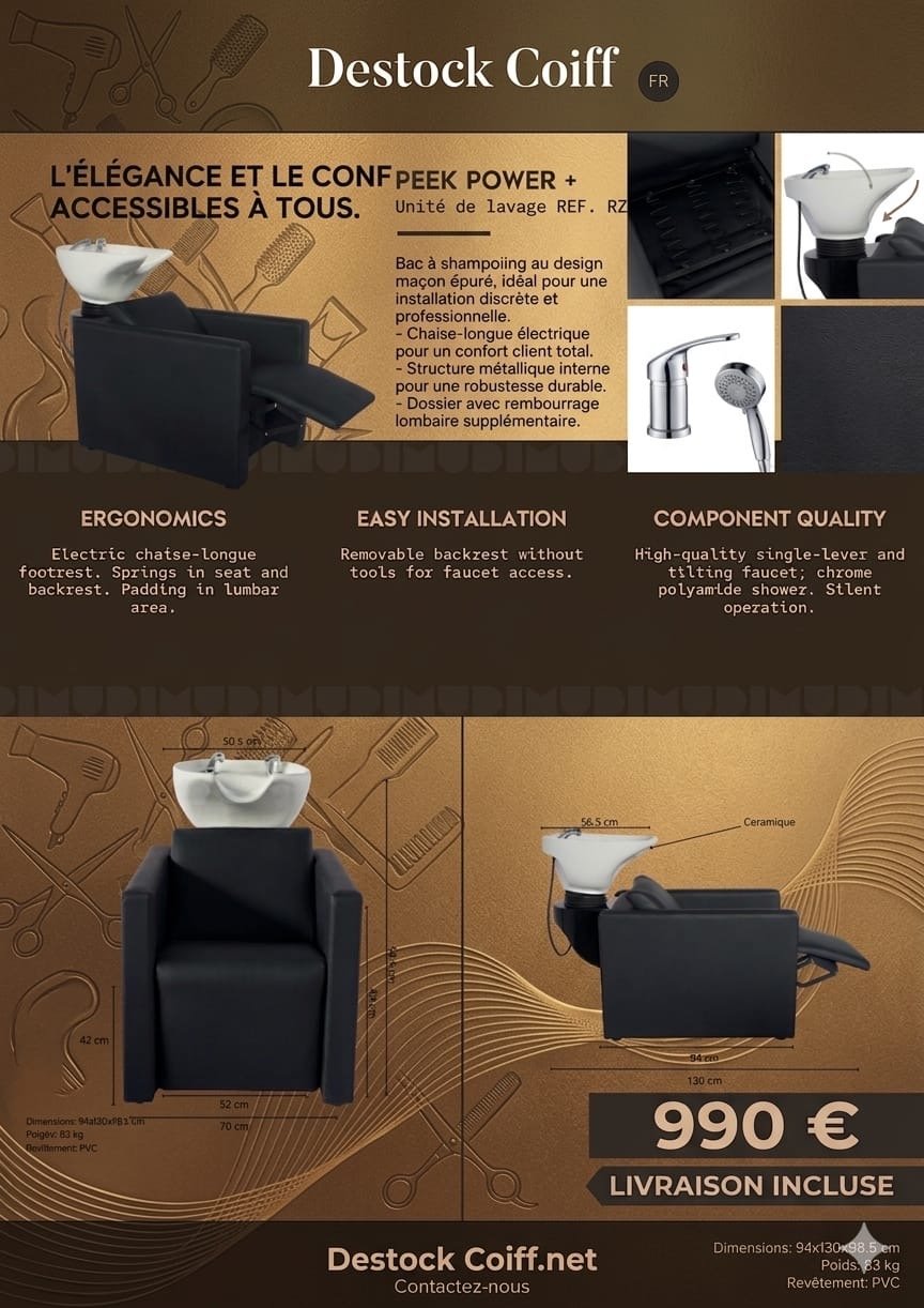 Cotes et équipement du bac à shampoing Peek Power +