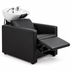 Bac à shampoing Peek Power + noir, repose-pieds déployé, vu sur fond blanc