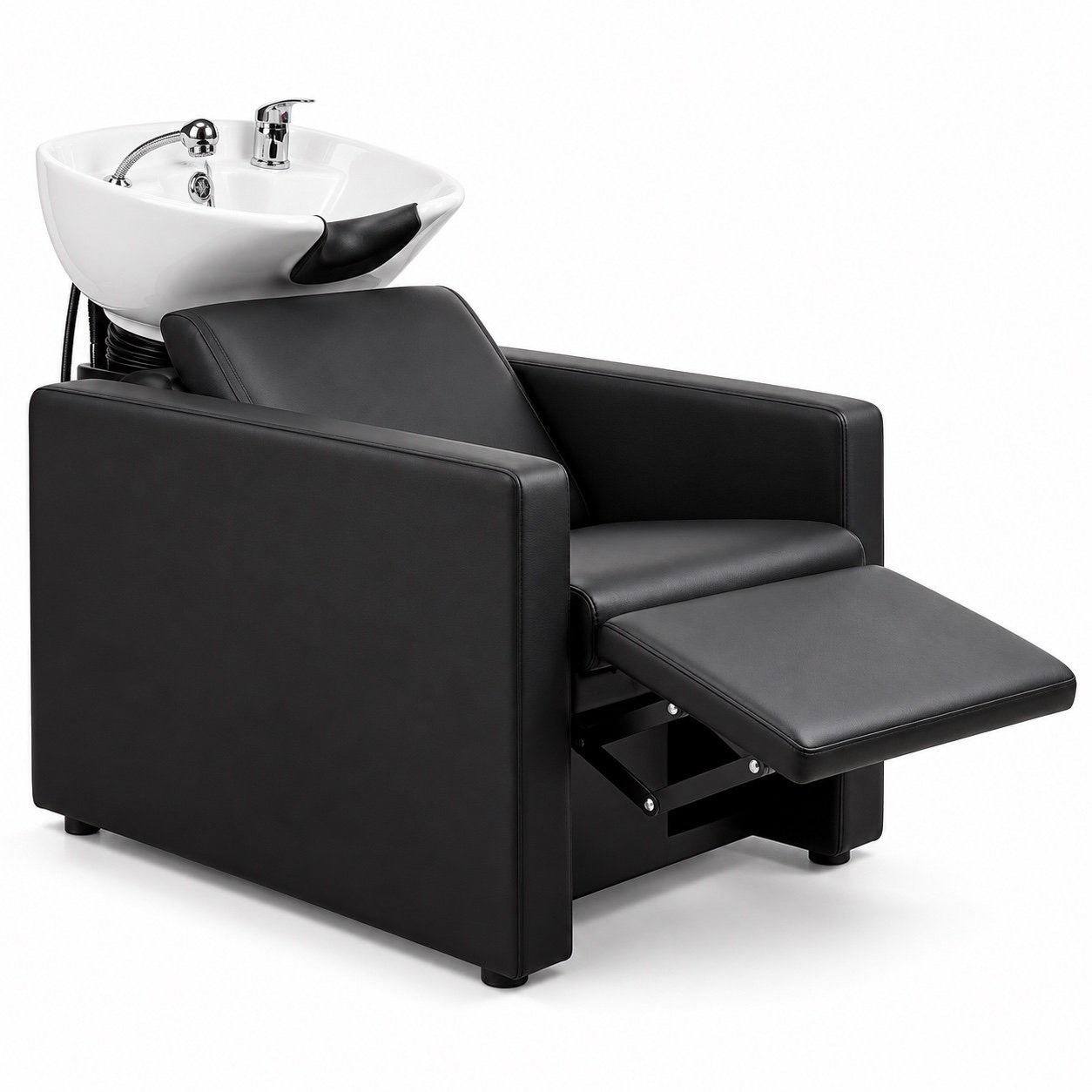 Bac à shampoing Peek Power + noir, repose-pieds déployé, vu sur fond blanc