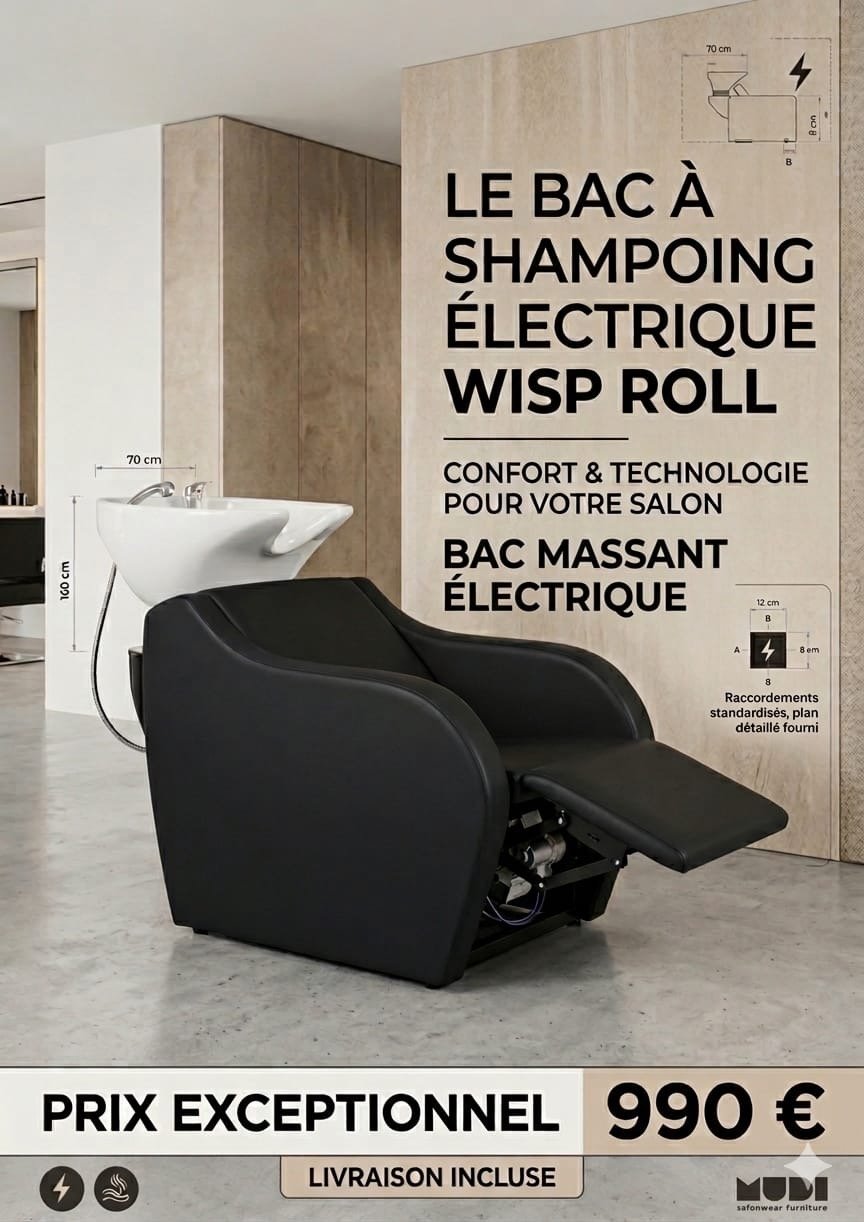 Bac à shampoing Wisp Roll noir à coque galbée, repose-pieds déployé